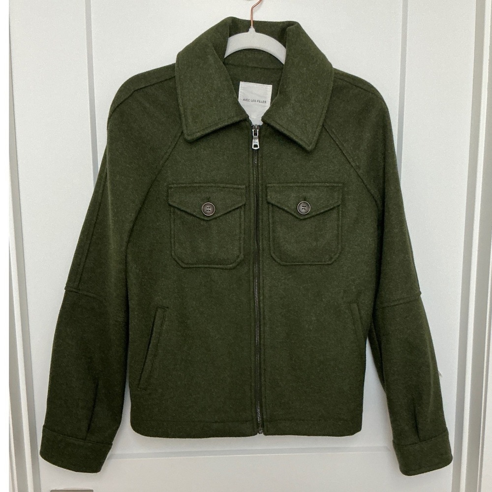 Avec Les Filles Anthropologie Relaxed Zip Front Jacket Shacket Olive Felted| XS